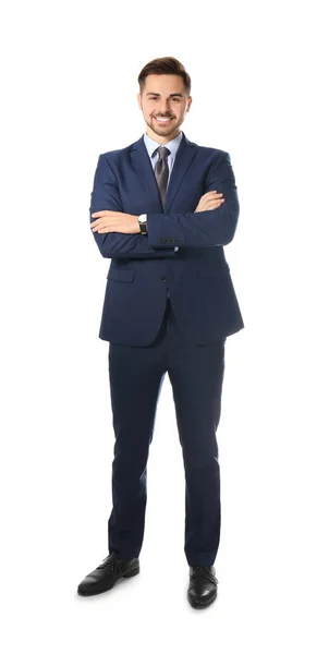 Volledige lengte portret van zakenman poseren op witte achtergrond — Stockfoto
