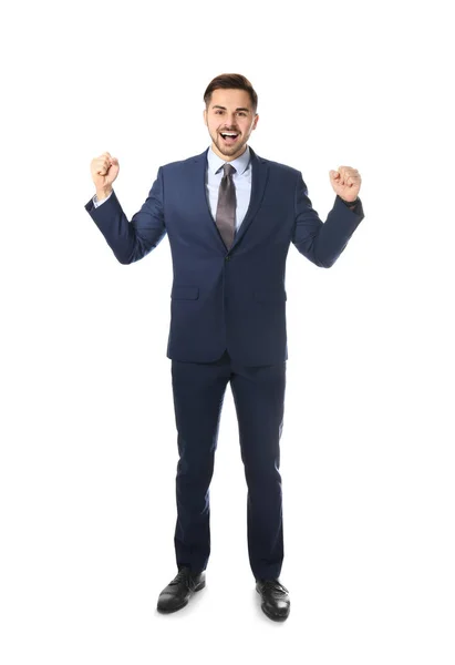 Volledige lengte portret van emotionele zakenman op witte achtergrond — Stockfoto