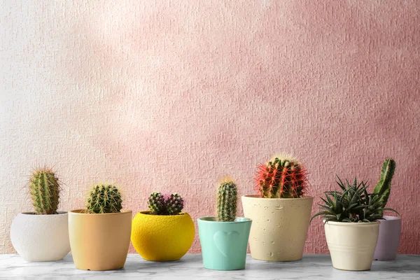 Cactos em vasos diferentes na tabela perto de fundo de cor, espaço para texto. Decoração de interiores — Fotografia de Stock