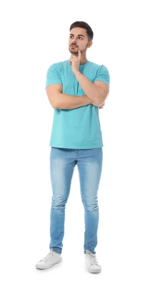 Full length portrait of pensive man on white background — Stock Photo, Image