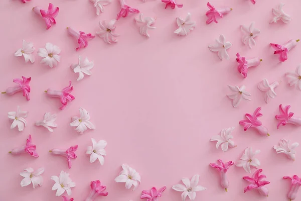 Рамка з весняних квітів гіацинта на кольоровому фоні, вид зверху. Простір для тексту — стокове фото