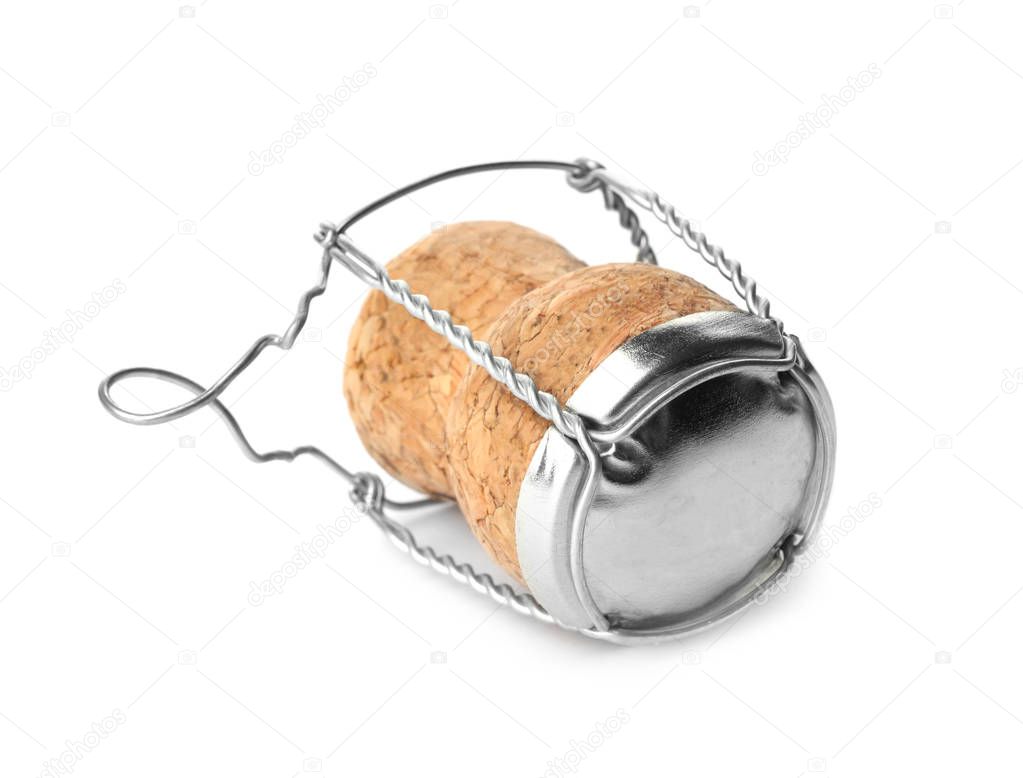 Champagne cork with wire cage isolated on white