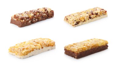 Beyaz arka planda farklı tatlı protein çubukları seti