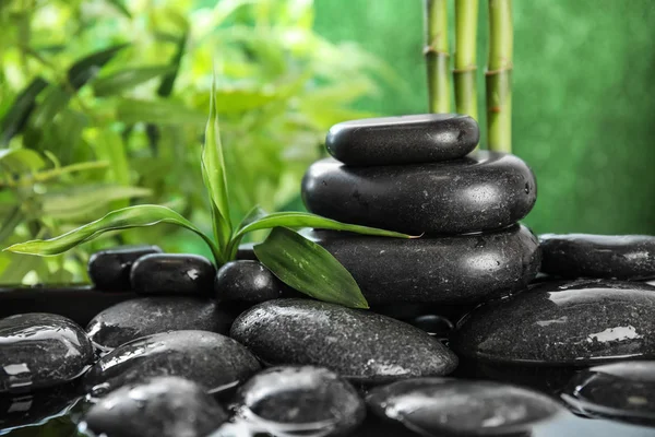 Zen-Steine und Bambusblätter im Wasser auf verschwommenem Hintergrund. Raum für Text — Stockfoto