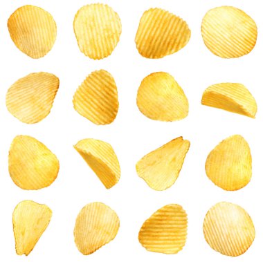 Beyaz arka planda lezzetli ridged patates cips seti