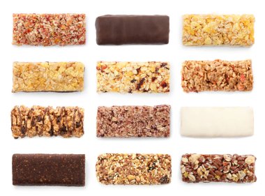 Set of different sweet protein bars on white background, top view clipart