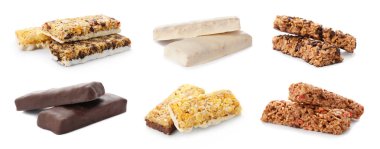 Beyaz arka planda farklı tatlı protein çubukları seti