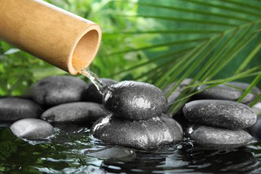 Zen taşları ile geleneksel bambu çeşme. Metin alanı