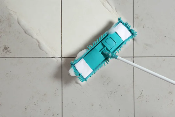 Washing of dirty floor with mop, top view. Space for text — Stock Photo, Image