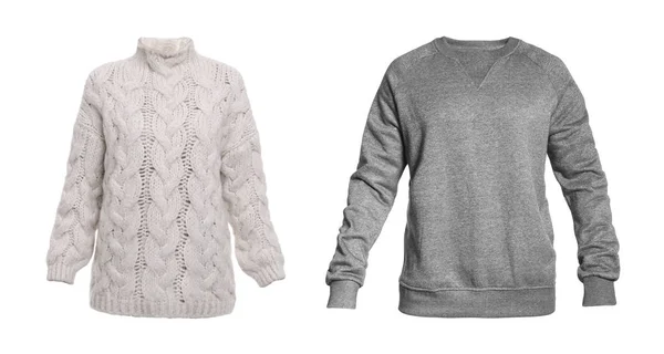하얀 배경에 다양 한 스타일의 따뜻 한 스웨터 세트 — 스톡 사진