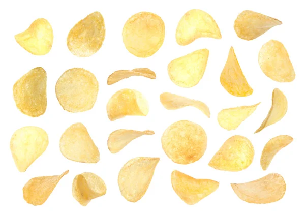 흰색 바탕에 튀긴 바삭한 감자 칩의 세트 — 스톡 사진