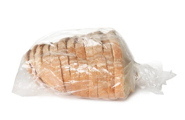 Нарізаний хліб у поліетиленовому пакеті на білому тлі — стокове фото