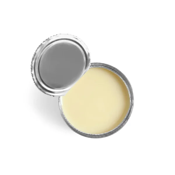 Tin kan met gecondenseerde melk op witte achtergrond, bovenaanzicht. Zuivelproduct — Stockfoto