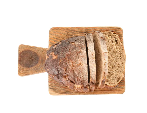 Tablero de madera con sabroso pan sobre fondo blanco, vista superior — Foto de Stock