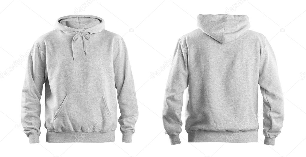 Set of stylish hoodie sweater on white background, front and back view. Space for design 