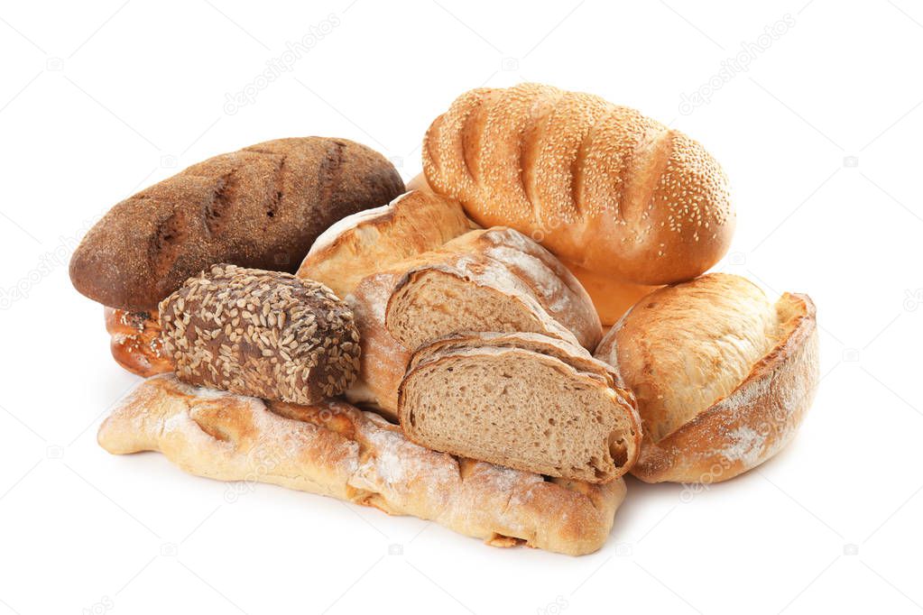 Different kinds of bread on white background