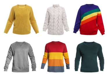 Beyaz arka planda farklı tarz, sıcak süveterler.