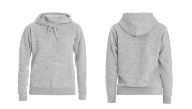 Beyaz arka planda şık hoodie kazak seti, ön ve arka görünüm. Tasarım alanı 