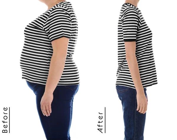 Избыточный вес женщины до и после потери веса на белом фоне, крупный план — стоковое фото