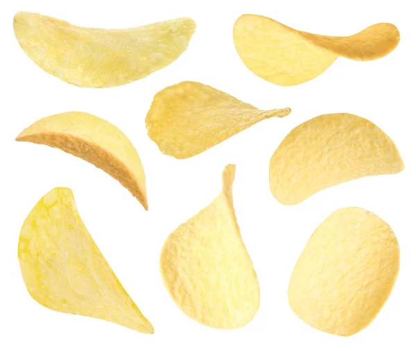 Set of fried crispy potato chips on white background — Stock Photo, Image