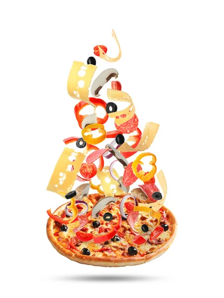 Delicious pizza with flying ingredients on white background — Stock Photo, Image