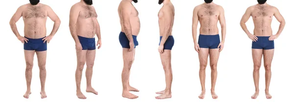 중량이 초과 된 남자 흰색 배경, 근접 촬영에 체중 감량 전후 — 스톡 사진