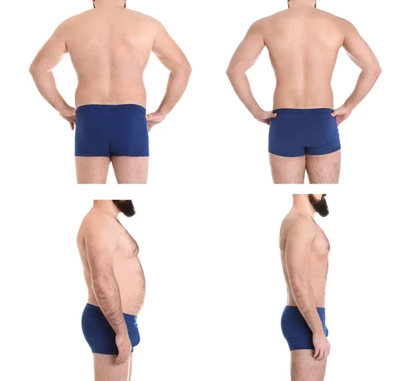 Übergewichtiger Mann vor und nach der Gewichtsabnahme auf weißem Hintergrund, Nahaufnahme — Stockfoto
