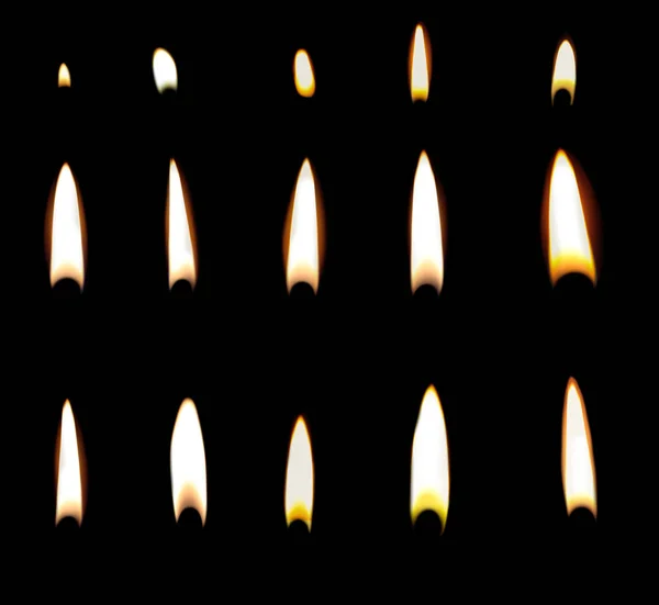 Conjunto de diferentes chamas de vela no fundo preto — Fotografia de Stock