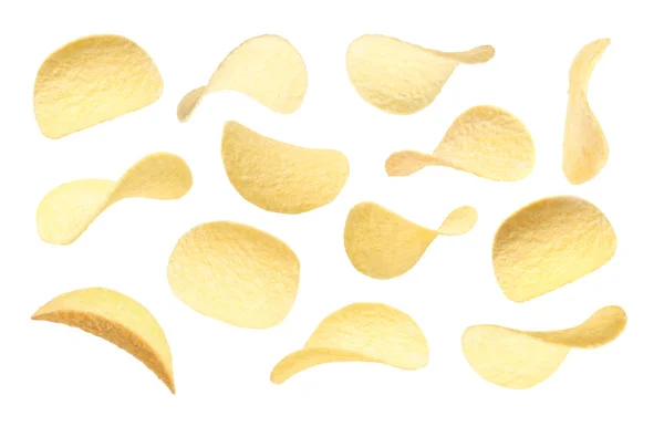 Set van gebakken knapperige chips op witte achtergrond — Stockfoto