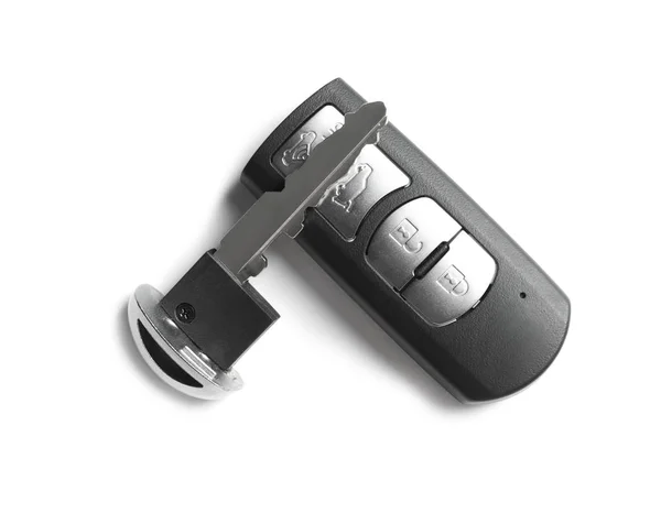 Llave del coche y sistema de alarma control remoto aislado en blanco, vista superior — Foto de Stock