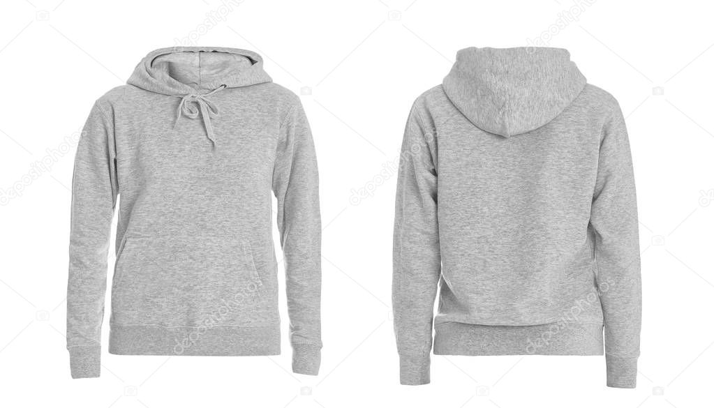 Set of stylish hoodie sweater on white background, front and back view. Space for design 