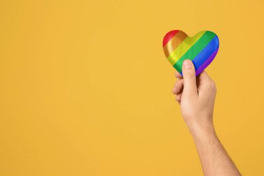 Renk arka plan üzerinde gökkuşağı kalp tutan adam, metin için boşluk ile çekim. Gay topluluk  