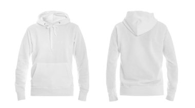 Beyaz arka planda şık hoodie kazak seti, ön ve arka görünüm. Tasarım alanı 