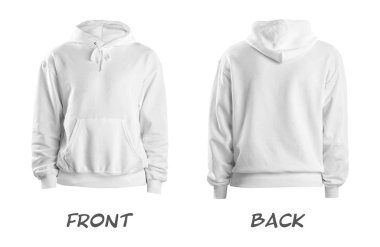 Beyaz arka planda şık hoodie kazak seti, ön ve arka görünüm. Tasarım alanı 