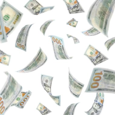 Beyaz arka planda birçok uçan Amerikan banknotlar