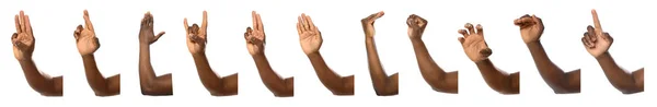 Afro-amerikansk man som visar olika gester på vit bakgrund, närbild syn på händer — Stockfoto