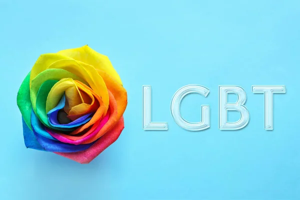 Beautiful rainbow rose flower and text LGBT on color background, top view. Gay community — Stock Photo, Image