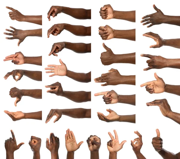Afro-American man showing different gestures on white background, closeup view of hands — Stock Photo, Image