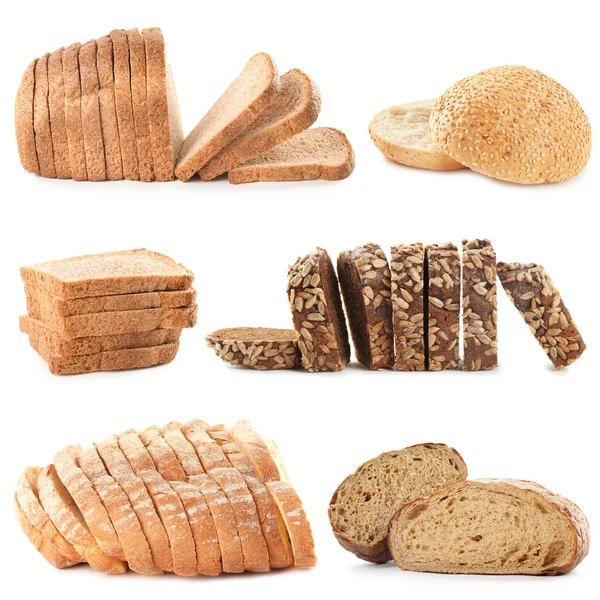 Beyaz arka planda kesme taze ekmek seti — Stok fotoğraf
