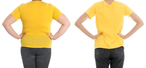 Mulher com excesso de peso antes e depois da perda de peso no fundo branco, close-up — Fotografia de Stock