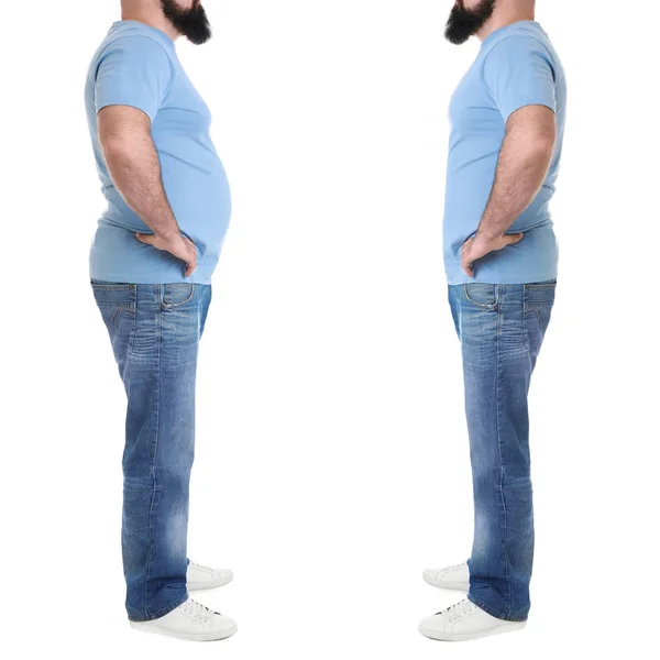 Hombre con sobrepeso antes y después de la pérdida de peso sobre fondo blanco, primer plano — Foto de Stock