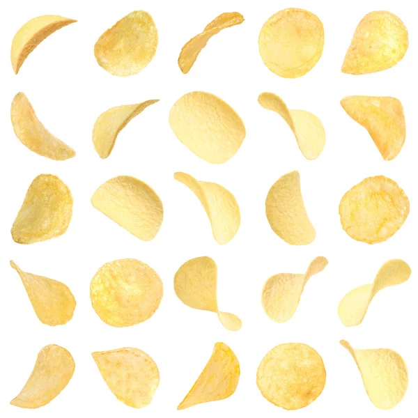 Set of fried crispy potato chips on white background — Stock Photo, Image