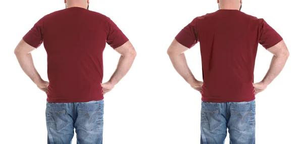 Υπέρβαροι άνθρωπος πριν και μετά την απώλεια βάρους σε άσπρο φόντο, κοντινό πλάνο — Φωτογραφία Αρχείου