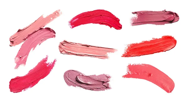 Set of different lipstick swatches on white background, top view — Stock Photo, Image