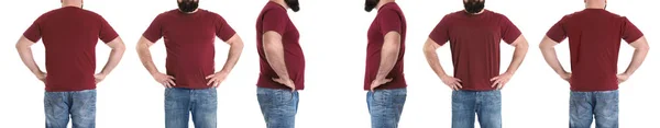 Överviktig man före och efter viktminskning på vit bakgrund, närbild — Stockfoto