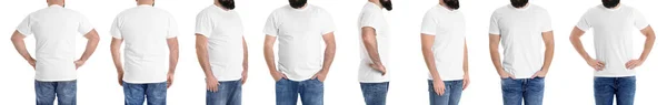 Uomo in sovrappeso prima e dopo la perdita di peso su sfondo bianco, primo piano — Foto Stock