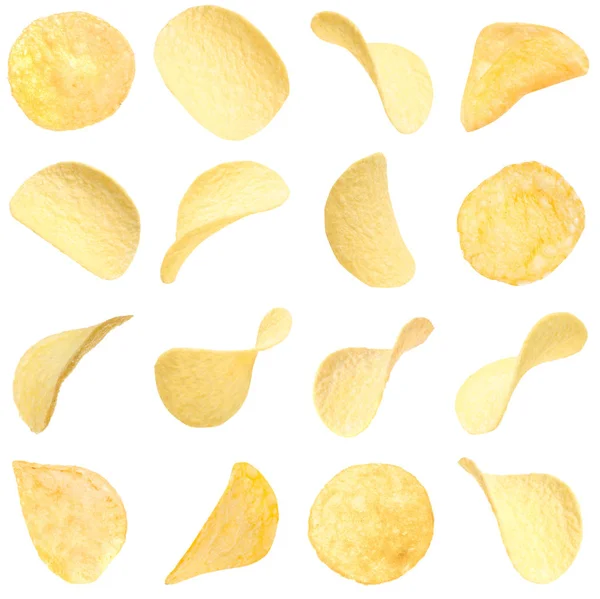 Set med stekt krispiga chips på vit bakgrund — Stockfoto