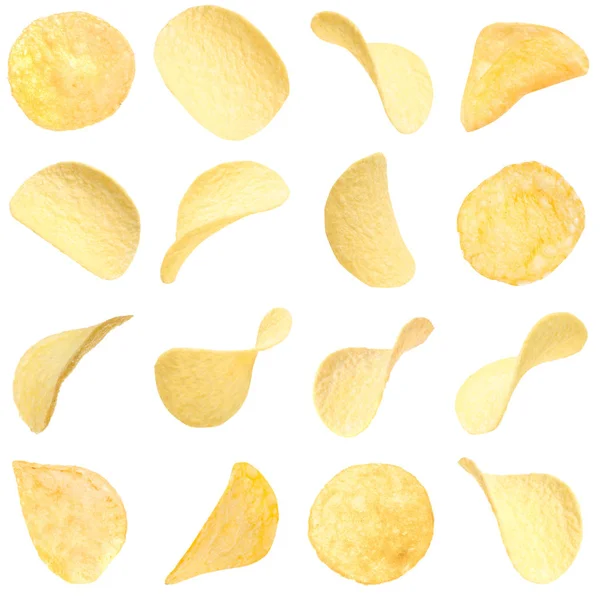 Set of fried crispy potato chips on white background — Stock Photo, Image