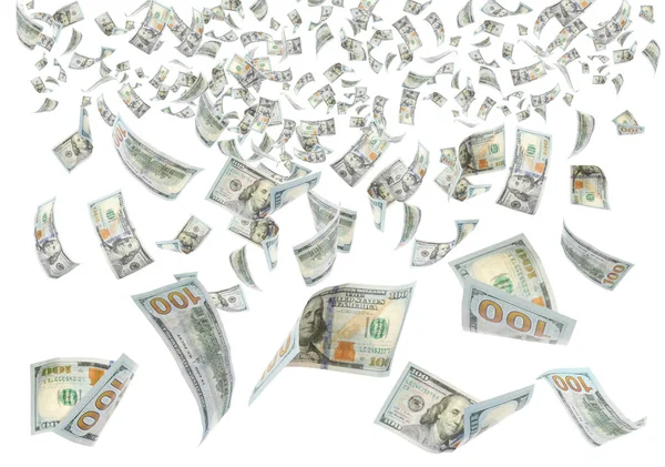 Muchos billetes estadounidenses voladores sobre fondo blanco — Foto de Stock