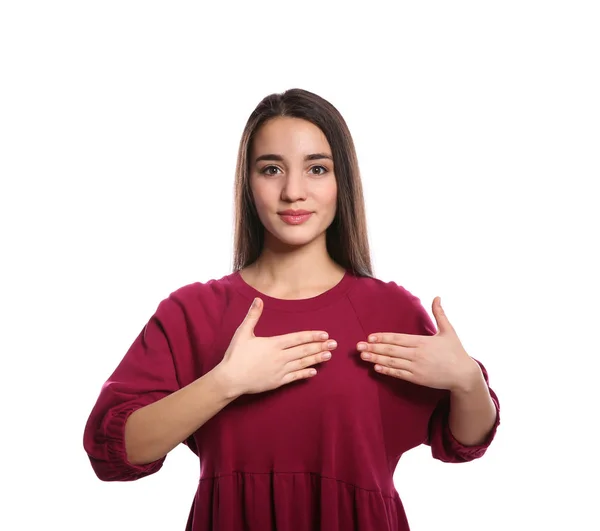 Femme montrant mot HEUREUX en langue des signes sur fond blanc — Photo